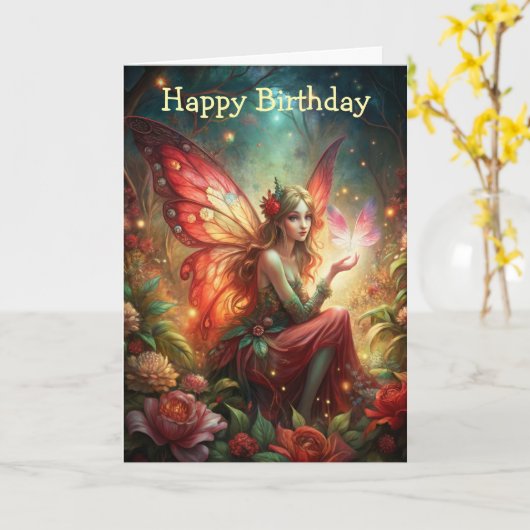 Fairy in het rood kaart (Gele Bloem)