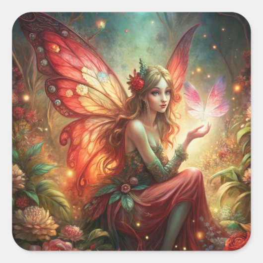 Fairy in het rood vierkante sticker (Voorkant)