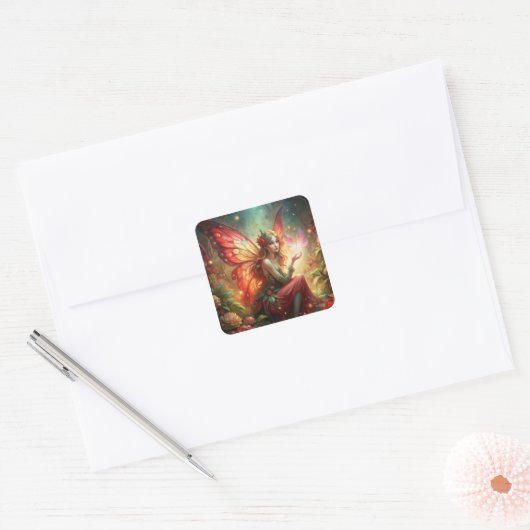 Fairy in het rood vierkante sticker (Envelop)