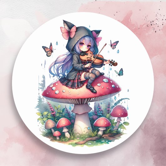 Fairy in Hoodie Viola spelen op een paddenstoel Ronde Sticker