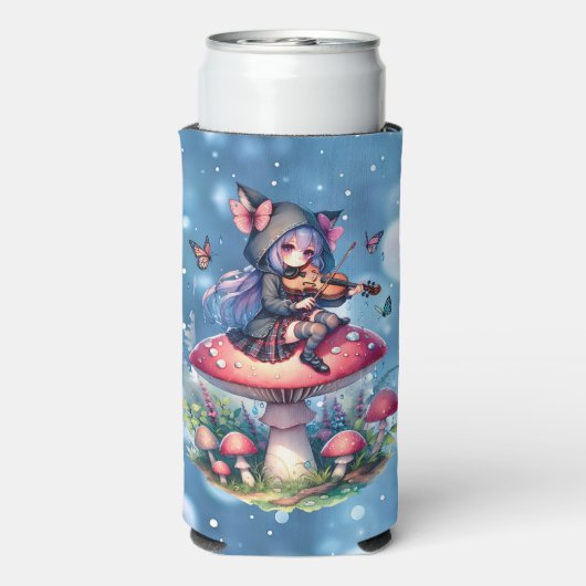 Fairy in Hoodie Viola spelen op een paddenstoel Seltzer Blikjeskoeler (Seltzer Achterkant)