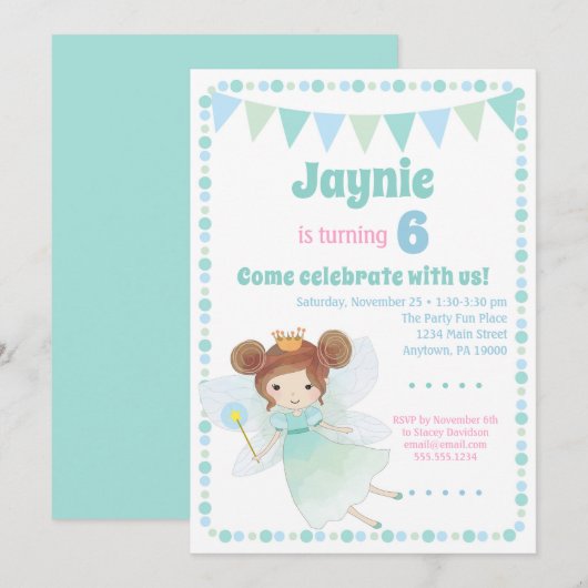 Fairy Invitation Brunette Girls Birthday Party Kaart (Voorkant / Achterkant)