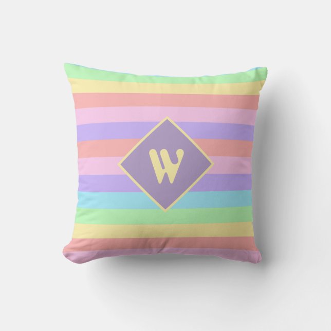 Fairy Kei Pastel Regenboog Gestreepte Monogram Kussen (Voorkant)