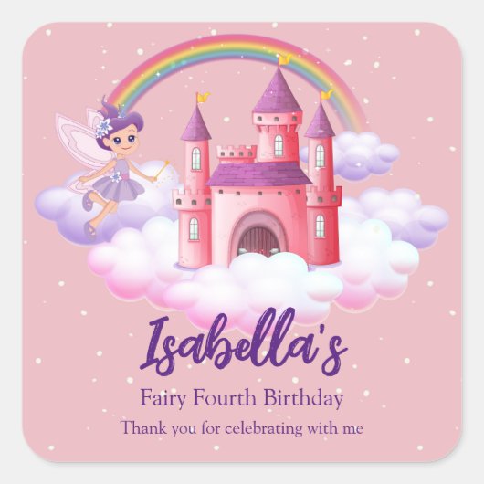 Fairy Kid's Birthday Fairytale Castle Rainbow Vierkante Sticker (Voorkant)