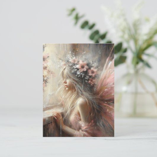 Fairy kijkt uit het raam briefkaart (Staand voorkant)