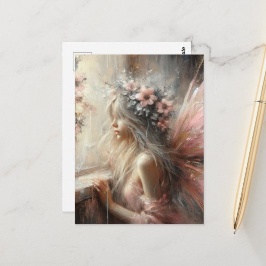 Fairy kijkt uit het raam briefkaart (Voorkant / Achterkant in situ)