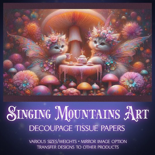 Fairy Kittens Mushroom Tea Fantasy Art Decoupage Tissuepapier