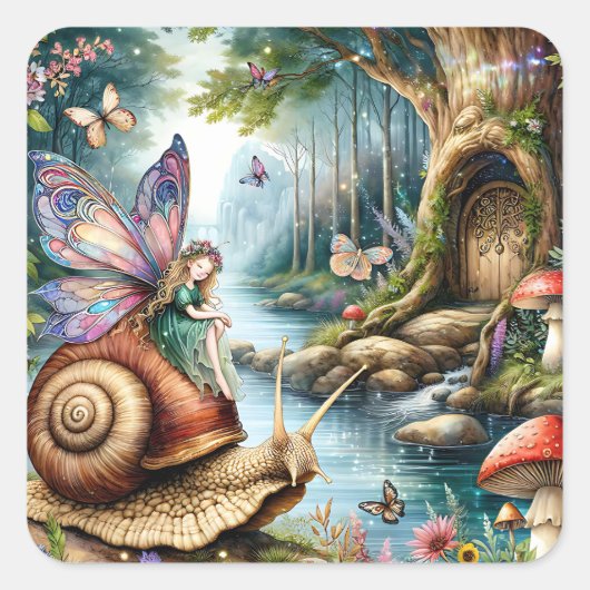 Fairy Land met schattige slak en vlinders Vierkante Sticker (Voorkant)