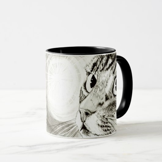 Fairy Light Tabby Cat Black and White Art Mok (Voorkant rechts)