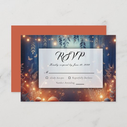 Fairy Lights en Moonlit Forest Magic Wedding RSVP Kaartje (Voorkant / Achterkant)
