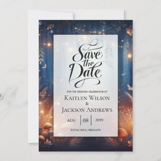 Fairy Lights en Moonlit Forest Magic Wedding Save The Date (Voorkant)
