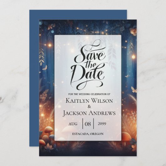 Fairy Lights en Moonlit Forest Magic Wedding Save The Date (Voorkant / Achterkant)