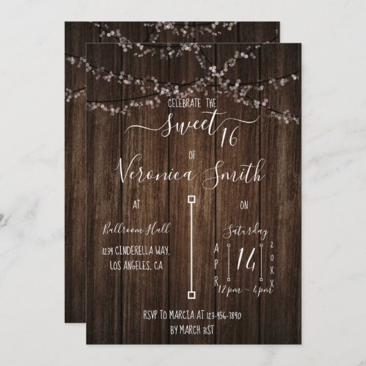 Fairy Lights en Wood Sweet 16 Uitnodiging (Voorkant / Achterkant)