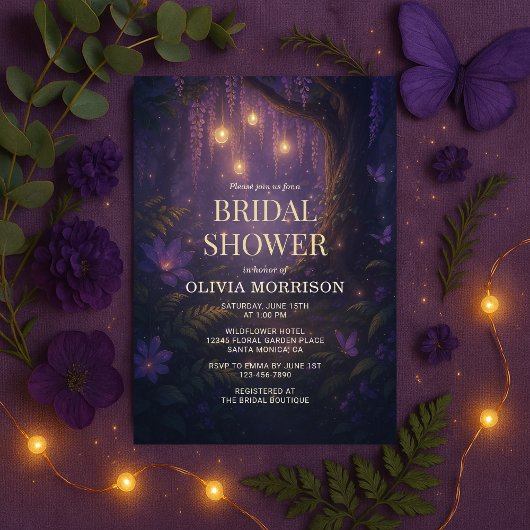 Fairy Lights Enchanted Forest Purple Bridal Shower Kaart