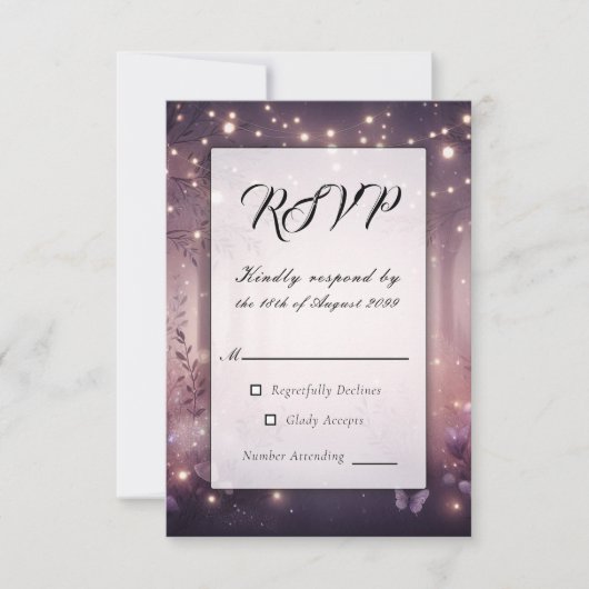 Fairy Lights in Woodland Glow Wedding RSVP Kaartje (Voorkant)