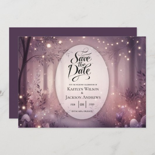 Fairy Lights in Woodland Glow Wedding Save The Date (Voorkant / Achterkant)