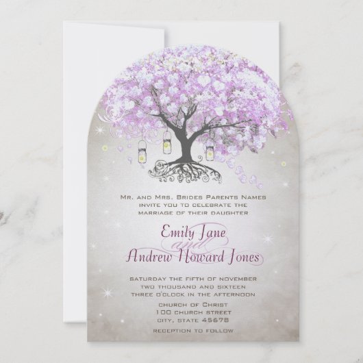 Fairy Lights Mason Jar Lavender Leaf Tree Wedding Kaart (Voorkant)