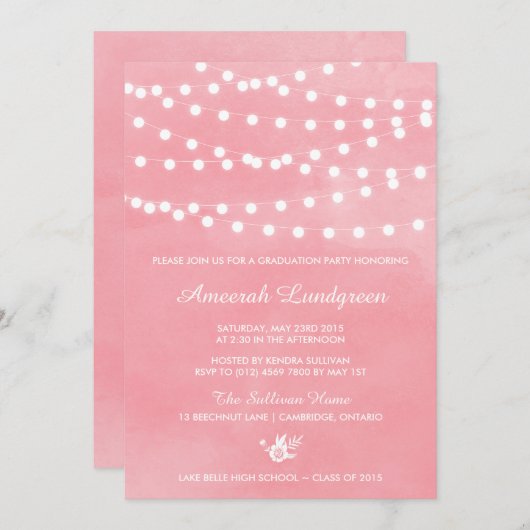 Fairy Lights Pink Graduparty Invitation Kaart (Voorkant / Achterkant)