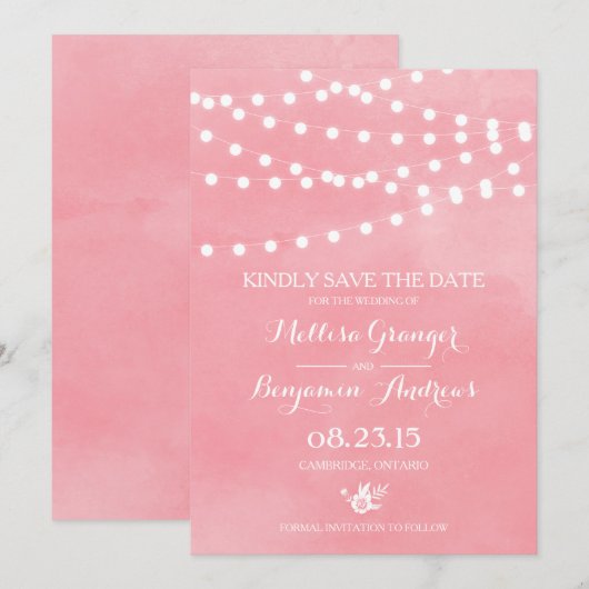 Fairy Lights Roze Waterverf bruiloft Save the Date Kaart (Voorkant / Achterkant)
