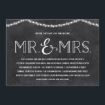 Fairy Lights | Rustisch Chalkboard repesal Dinner Kaart<br><div class="desc">Dit ,  rustige,  trouwe etentje voor het repetitief diner nodigt kenmerken uit "Mr. & Mrs." geschreven in  typografie,  een gloeiende reeks hartvormige lichten,  en een achtergrond van het krijt.</div>