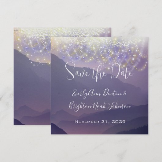 Fairy Lights Violet Paarse bruiloft Save the Date Kaart (Voorkant / Achterkant)
