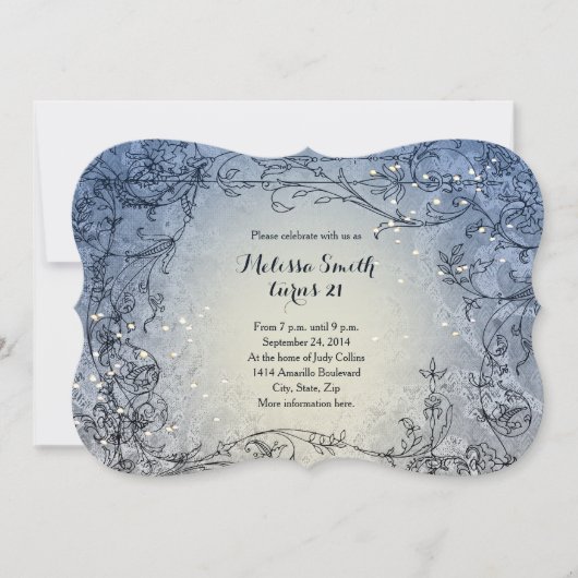 Fairy Lights Whimsy Blue Birthday Party Invitation Kaart (Voorkant)