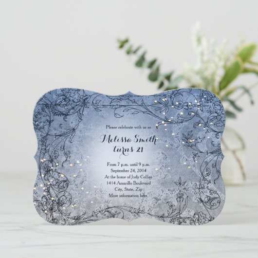 Fairy Lights Whimsy Blue verjaardagsfeest uitnodig Kaart (Staand voorkant)