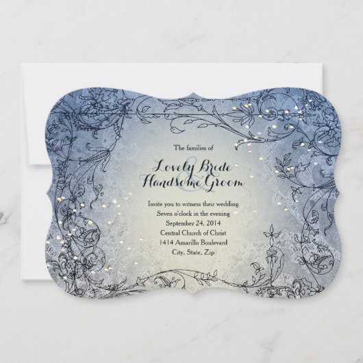 Fairy Lights Whimsy Blue Wedding Invitation Kaart (Voorkant)