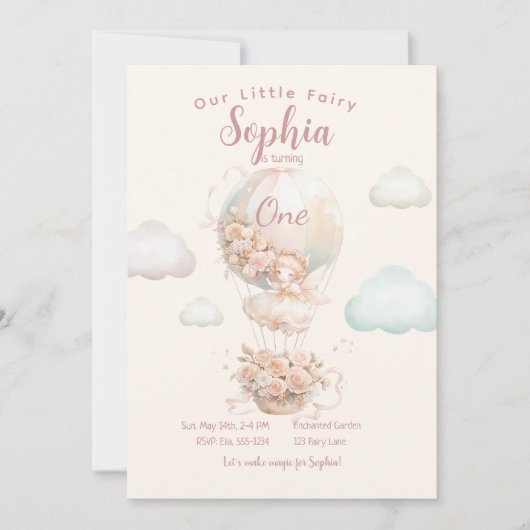 Fairy meisje hete lucht ballon eerste verjaardag kaart (Voorkant)