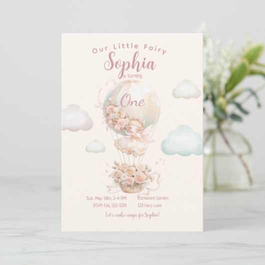 Fairy meisje hete lucht ballon eerste verjaardag kaart (Staand voorkant)