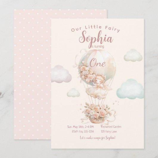 Fairy meisje hete lucht ballon eerste verjaardag kaart (Voorkant / Achterkant)