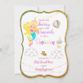 Fairy Mermaid Unicorn Invitation Gold Glitter Kaart (Voorkant)