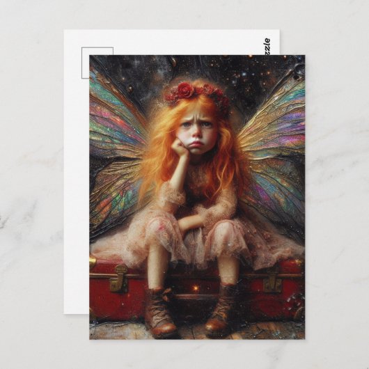 Fairy met een houding zit op  koffer briefkaart (Voorkant / Achterkant)