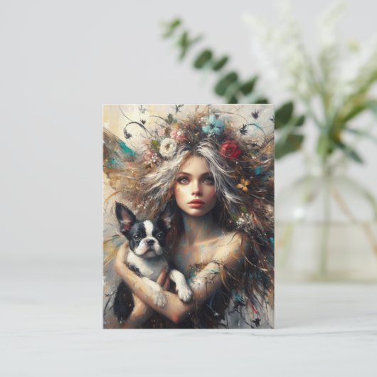 Fairy met een Schattigee Boston Terrier-puppy Briefkaart (Staand voorkant)