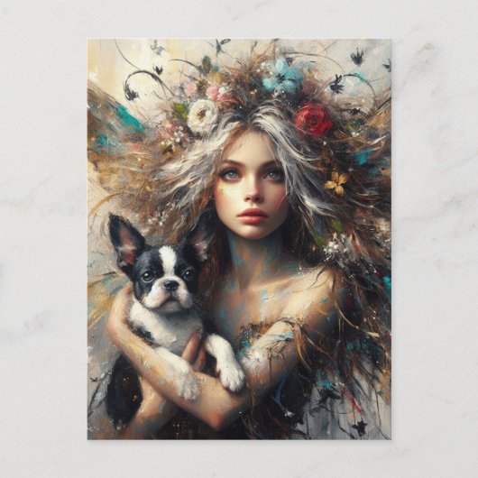 Fairy met een Schattigee Boston Terrier-puppy Briefkaart (Voorkant)