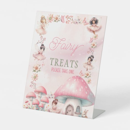 Fairy Mushroom House Pink Birthday Favors Reclamebord Met Voetstuk (Voorkant)