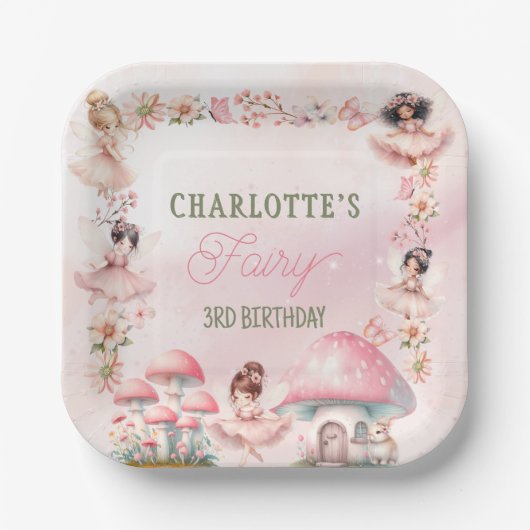 Fairy Mushroom House Pink Birthday Papieren Bordje (Voorkant)