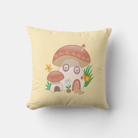 Fairy Mushroom House Yellow Kussen (Voorkant)