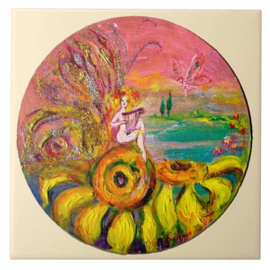 FAIRY OF THE SUNFLOWERS yellow pink ivory Tegeltje (Voorkant)
