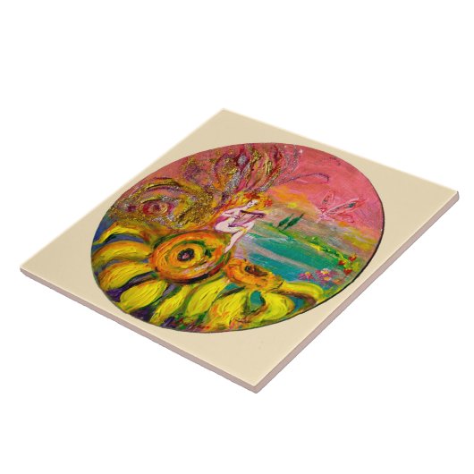 FAIRY OF THE SUNFLOWERS yellow pink ivory Tegeltje (Zijkant)