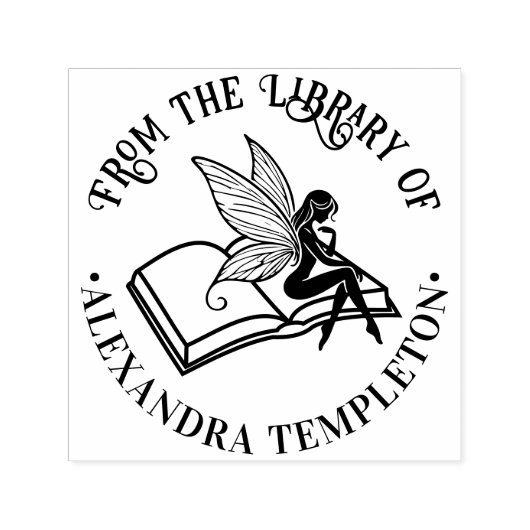 Fairy on Open Book “From the Library of” Name Zelfinktende Stempel (Design)