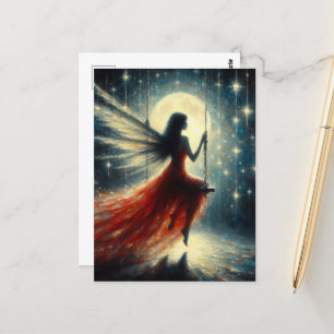 Fairy op een schommel in een rode jurk briefkaart