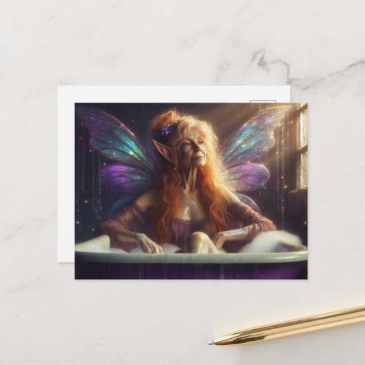 Fairy Oudere Vrouw in het Bubblebath Briefkaart (Voorkant / Achterkant in situ)
