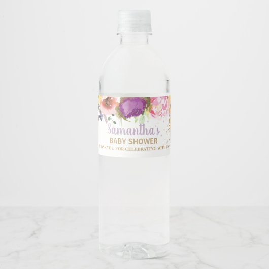 Fairy Paarse roze bloemig Baby shower Verjaardag Waterfles Etiket (Voorkant)