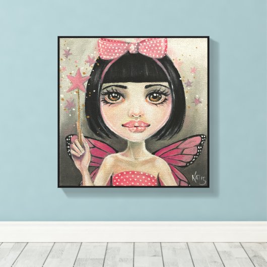 Fairy Painting, Fairy in polka dots, roze fee Canvas Afdruk (Insitu (Houten vloer))