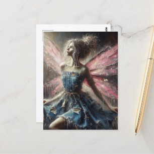 Fairy Patchwork Denim Jurk Roze Vleugels Briefkaart