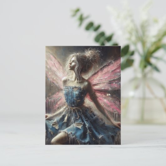 Fairy Patchwork Denim Jurk Roze Vleugels Briefkaart (Staand voorkant)