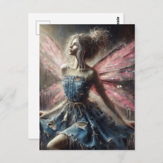 Fairy Patchwork Denim Jurk Roze Vleugels Briefkaart (Voorkant / Achterkant)