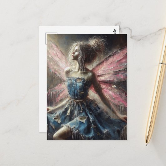 Fairy Patchwork Denim Jurk Roze Vleugels Briefkaart (Voorkant / Achterkant in situ)