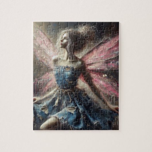 Fairy Patchwork Denim Jurk Roze Vleugels Legpuzzel (Verticaal)
